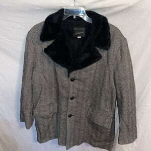 Vtg. 70’s J.C. Penney Men’s Faux Fur Coat Size 44 (XL) Gray Herringbone Wool